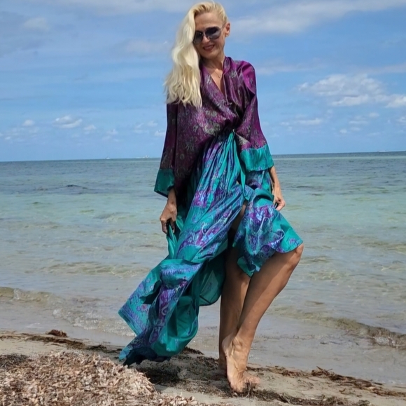 Handprinted Silk Authentic Designer Kimono Batik Long Maxi Dress Luxury Resort - Picture 9 of 16
